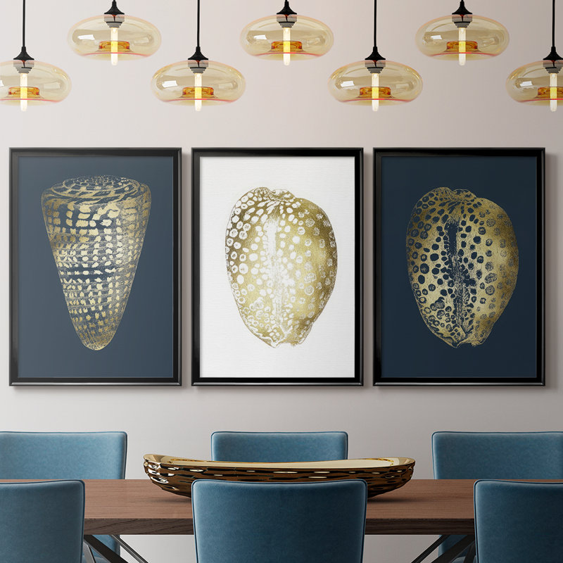 Feuille d'or I sur cobalt - Toile tendue avec châssis sur mesure - 3 pièces, Noir, noir, noir, noir, H 19 po x l 45 po