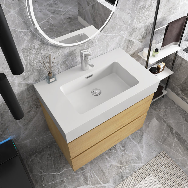 30 po Meuble-lavabo simple mural avec plateau, Chêne