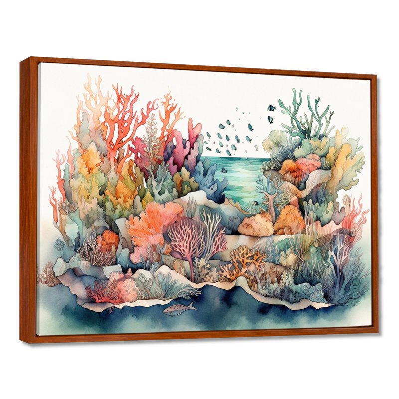 «Vibrant Coral Reef II - Modern Beach», reproduction sur toile encadrée, H 34 po x l 44 po x P 1,5 po, Cadre flottant brun