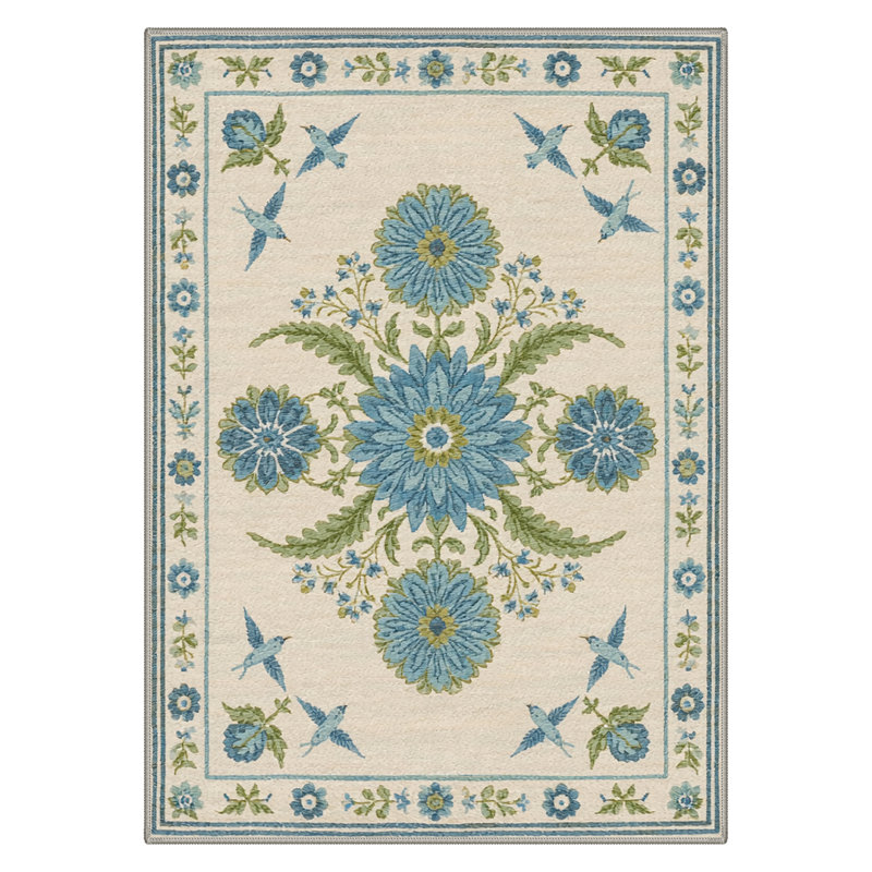 Aura Floral Machine Washable Blue / Beige / Green Indoor Area Rug with Non-Slip Backing, Rectangle 6' x 9'