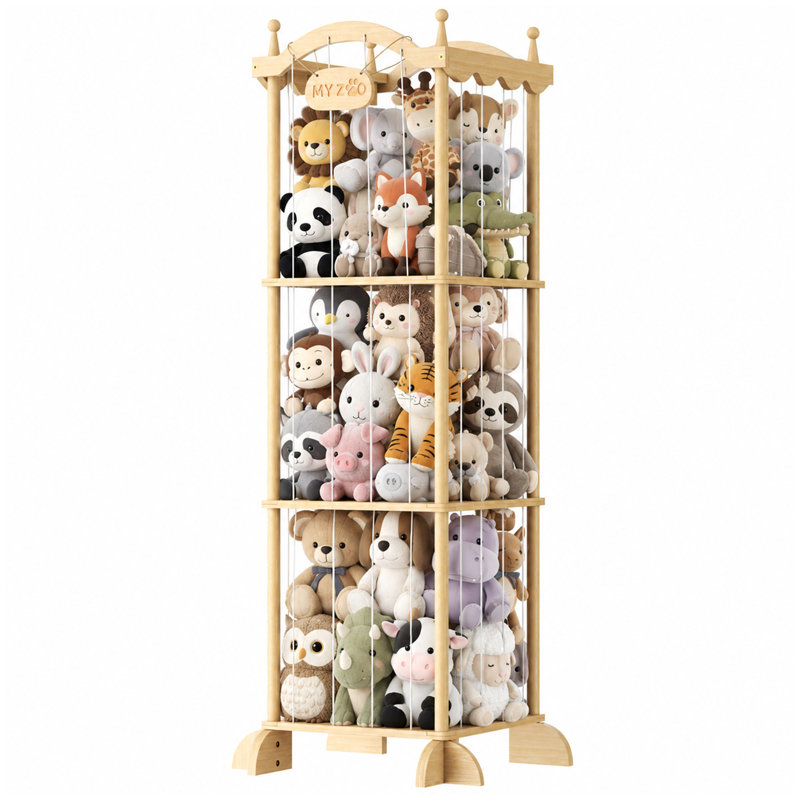 Wooden Stuffed Animal Zoo Storage Organizer with Bungee Cords for Nursery Playroom Kids Room
