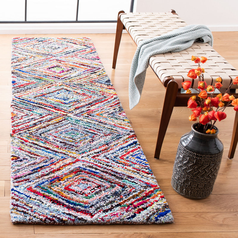 Anaheim Geometric Handmade Tufted Blue/Pink/Yellow Area Rug, Rectangle 2'3" x 5'