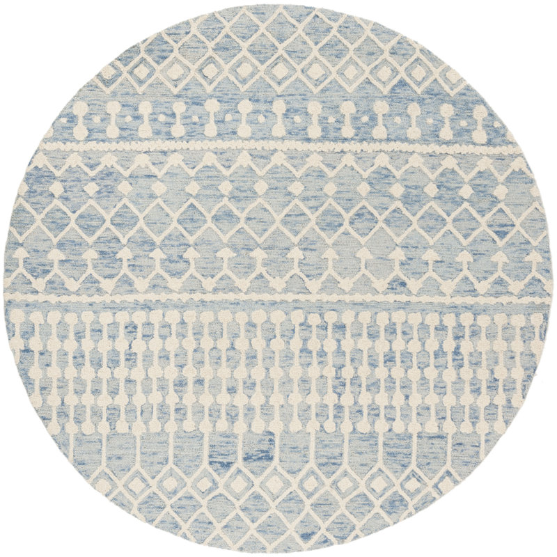 Tapis bleu / ivoire en laine tissé à plat à la main Jeannine, Rond 6 pi