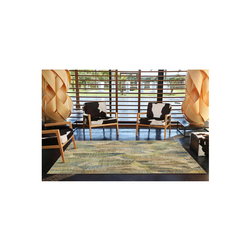 Decorative Washable Carpet With Yellow Flowing Motif, Rectangle 4' x 5'11"