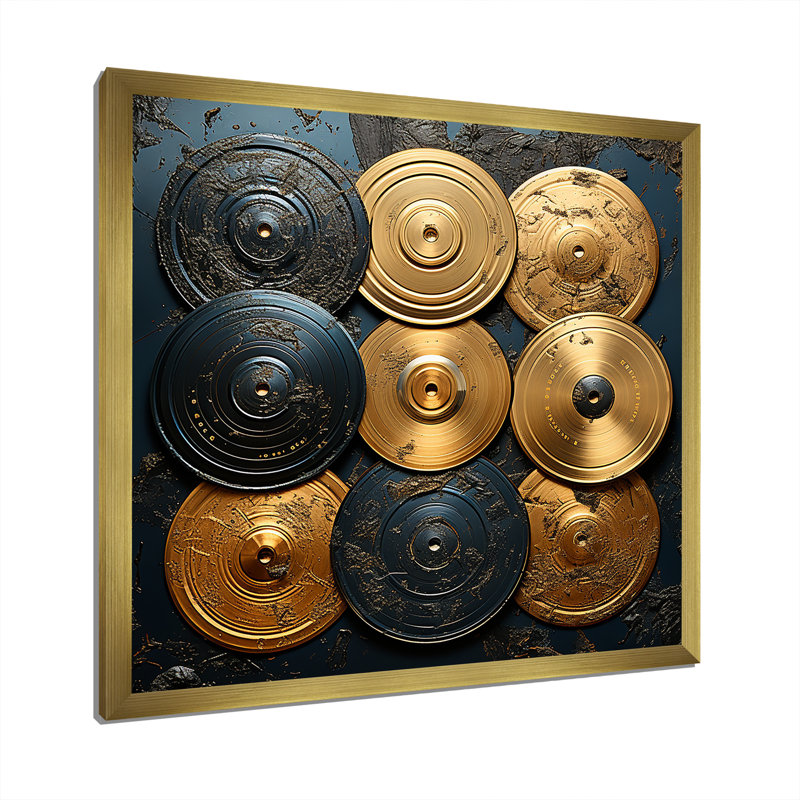Disque vinyle doré et gris Melody III, Cadre doré simple, H 36 po x l 36 po x P 1,5 po