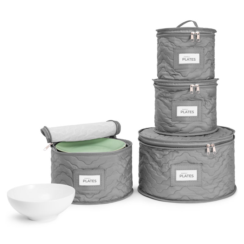 4 Piece Quilted Dinnerware Storage Set, Gray