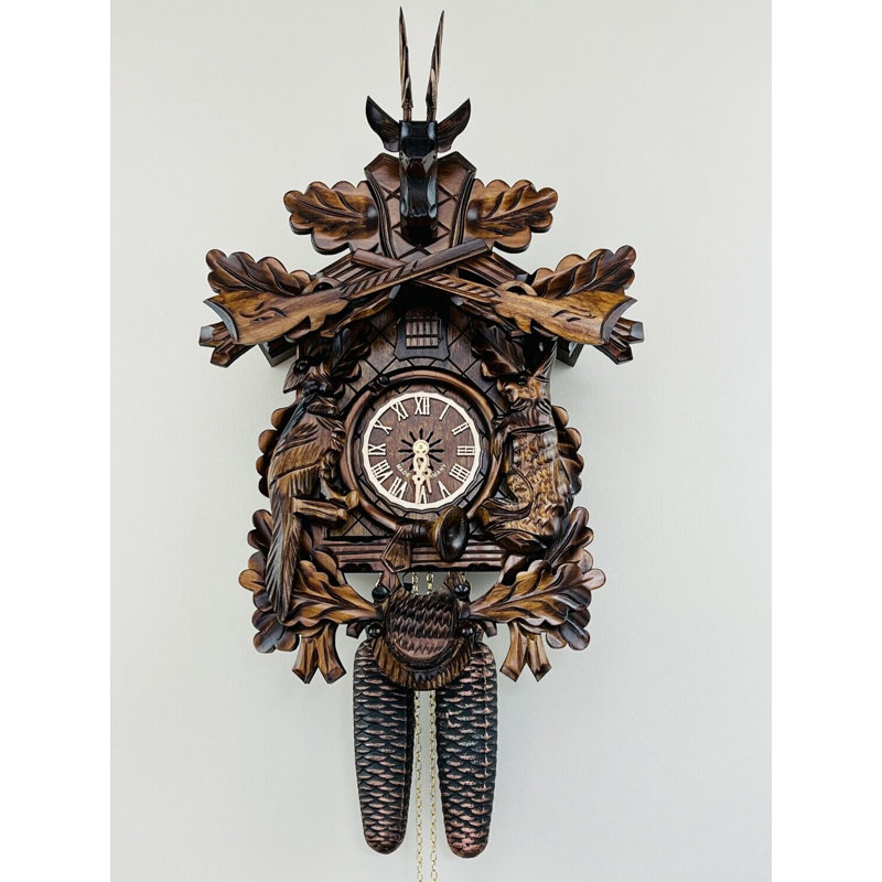  Horloge coucou Eight Day's Hunter - 20 po de hauteur - Feuilles de chêne et animaux sculptés à la main