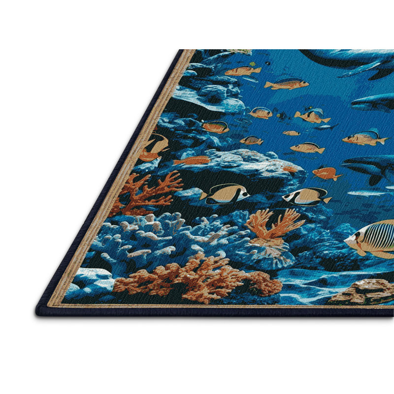 Washable Deep Sea Scene Coastal Area Rug, Round 4'
