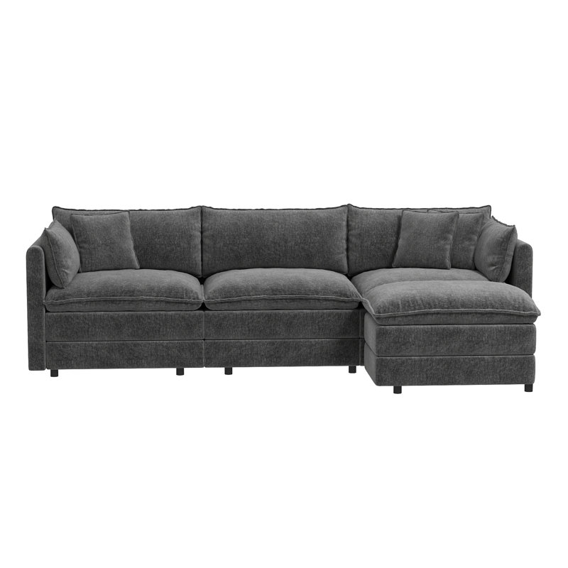112" L Shaped Modern Sofa Modular Sectional Cloud Couch With Ottoman, 4-Seat Chenille Deep Seat Sofa With Pillow For Living Room