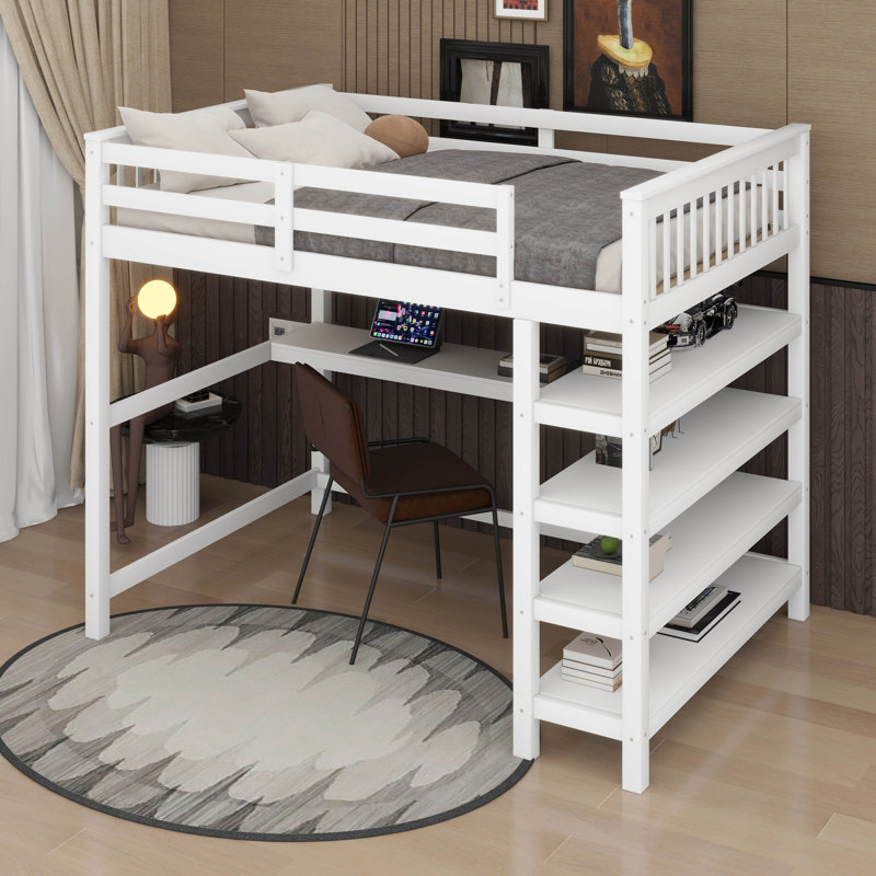 Lit mezzanine avec tablettes de rangement et bureau sous le lit, Double, Blanc