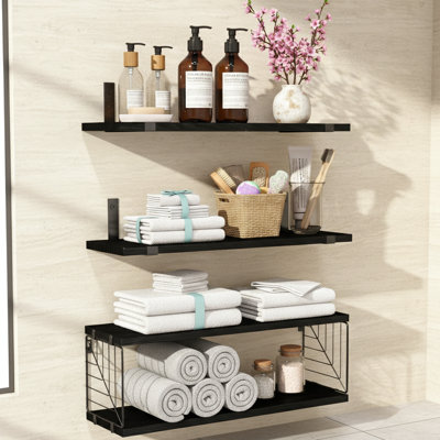 3+1 Tier Bathroom Floating Shelves Over Toilet, Farmhouse Wood Wall Shelves for Bathroom Living Room Bedroom Kitchen