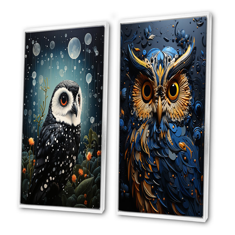 Ensemble de salon noir Watcher Owl At Twilight - Owl Wall Art, Cadre flottant blanc, H 40 po x l 41 po
