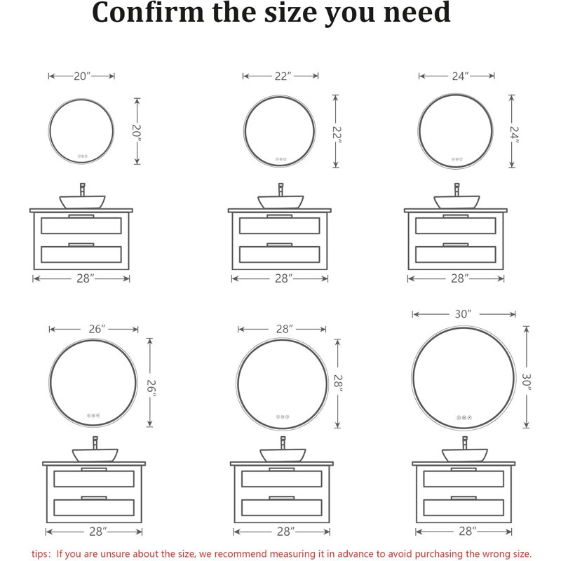 Miroir rond pour salle de bain à DEL, 26 po, verre trempé incassable HD