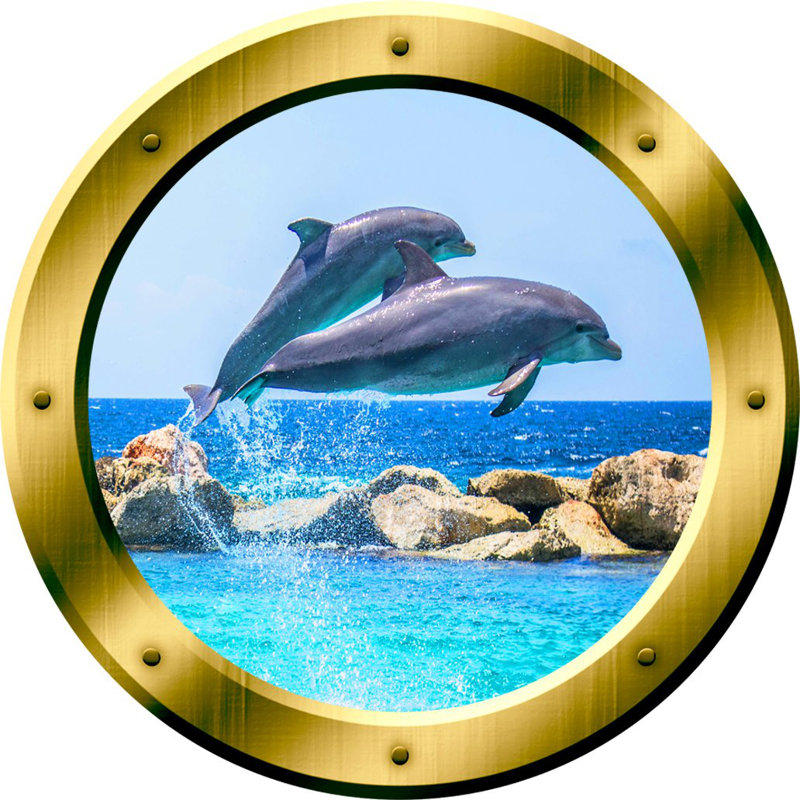 Décalcomanie murale hublot dauphin, H 14 po x l 14 po x P 0,01 po, Or