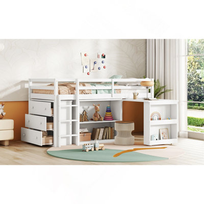 Twin Loft Bed W. Stroage Case ,Drawers,Twin Loft Bed With ,Drawer Cabinet, Shelf Cabinet And Pulling -Out Desk,Rubber Wood Loft Bed With Safety Guardrail ,Ladder,White