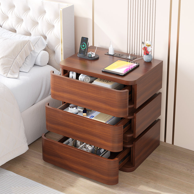 Fully Assembled 3-Drawer Nightstand with Charging Station and Motion Sensor RGB Light, Curved Profil, Power Strip Version