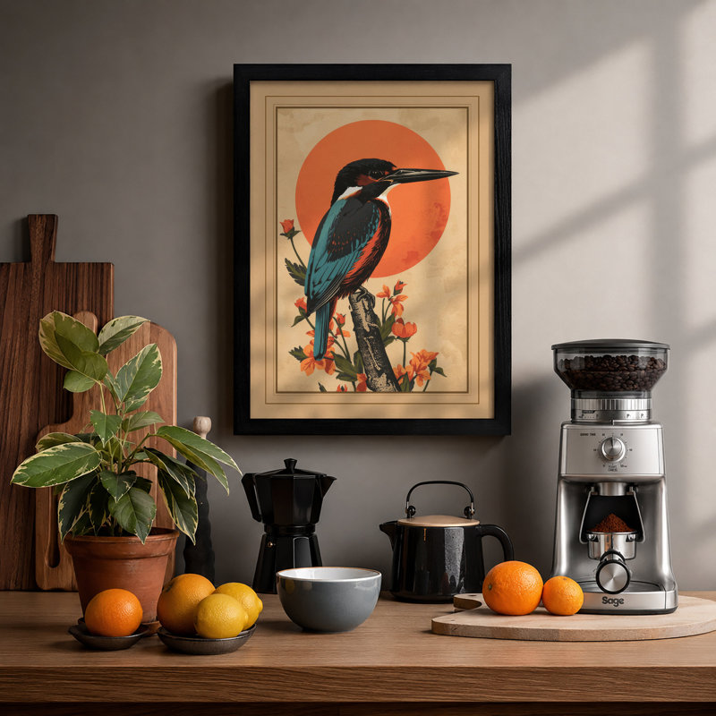 Kingfisher And Sun Japandi - Print, Black, A4 - 29.7 x 21.0 cm