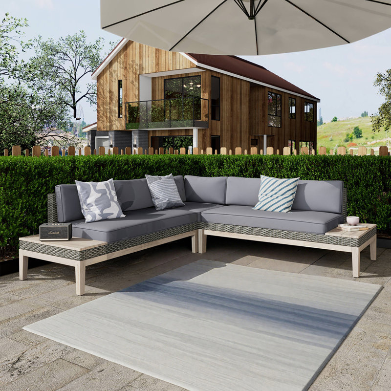 Canapé modulaire d'extérieur en bois d'acacia durable avec rotin en polyéthylène, coussins résistants à l'eau et tables d'appoint intégrées