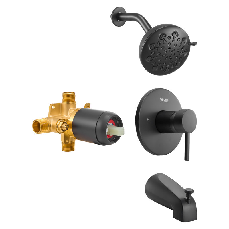 Ensemble de robinet de baignoire et de douche, complet avec pomme de douche à effet de pluie de 4,7 pouces et bec de baignoire, douchette réglable à 9 réglages, ensemble de garniture de baignoire à poignée simple avec valve d'équilibrage de pression en laiton, noir mat
