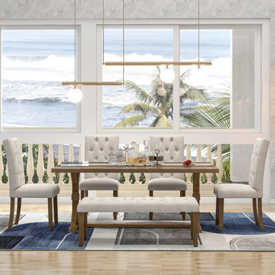 6-Piece Farmhouse Dining Table Set 72" Wood Rectangular Table, 4 Upholstered Chairs with Bench (Walnut) by One Allium Way