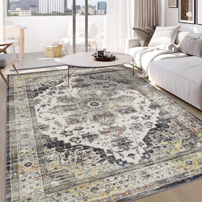 Tapis d'intérieur vintage vieilli extra large, lavable, pour salon, motif médaillon traditionnel, jeté de lit, antidérapant, résistant aux taches, revêtement de sol pour la décoration intérieure