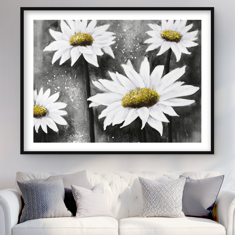 «Daisies at Sun - Rustic Livingroom», reproduction encadrée, Blanc / Gris / Jaune, Noir