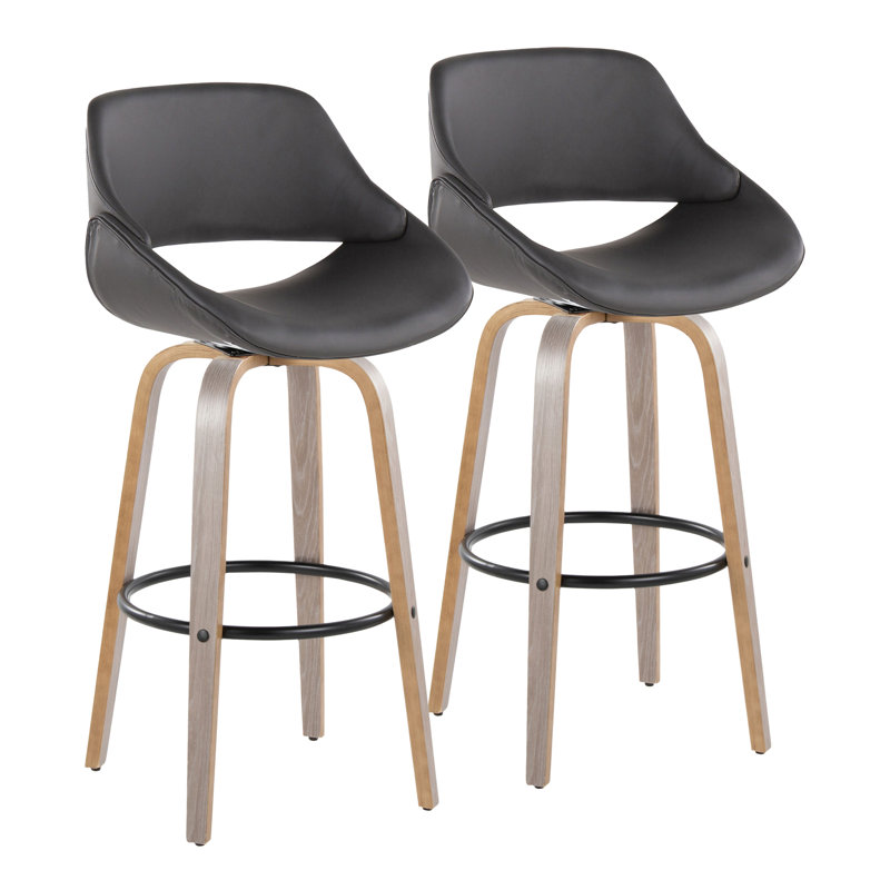 Najrin Faux Leather Upholstered Bar & Counter Stool with Round Footrest, Black, Bar Stool (30" Seat Height), Light Gray/Black
