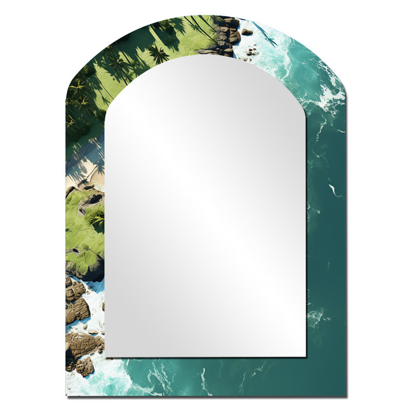 Aerial View on Tropical island I - Beach Asymmetrical Wall Mirror, Green Arch Decorative Mirror, Printed Metal Art, 34" x 25"