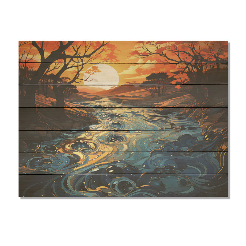 Orange et bleu rivière sereine voyage I - rivière sur bois, H 34 po x l 44 po x P 0,78 po