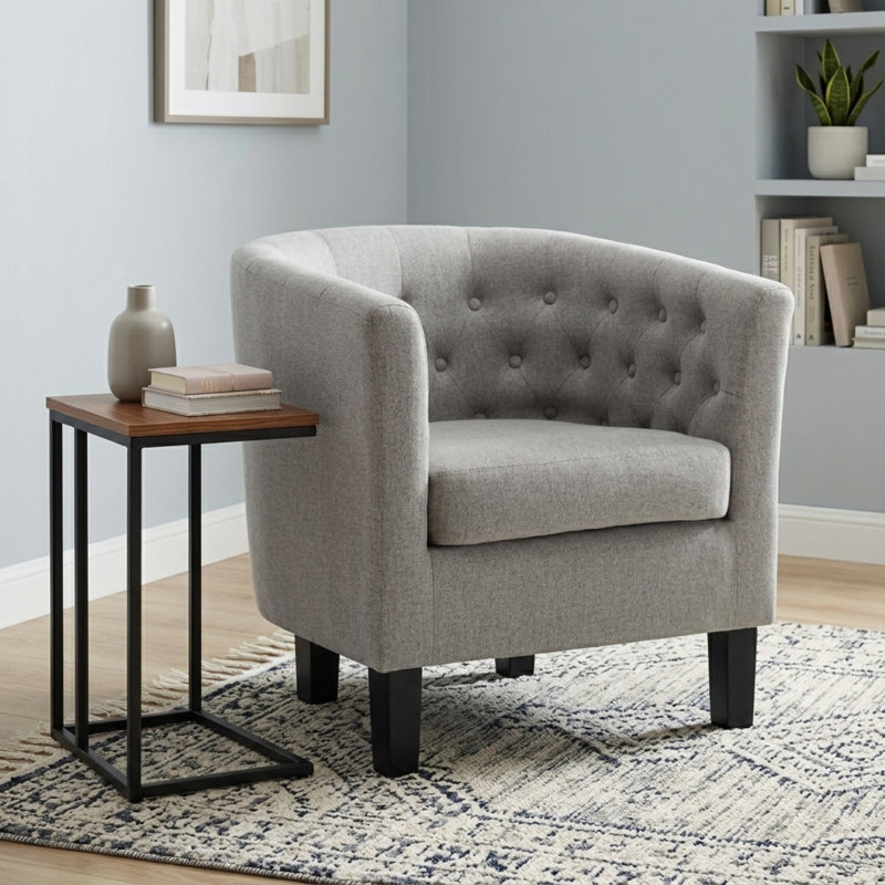 Tufted Upholstered Barrel Chair with Wooden Legs, Gray