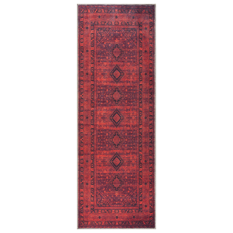  Tapis lavable antidérapant - Tapis à bordure rouge traditionnel pour entrée, couloir, salle de bain et cuisine