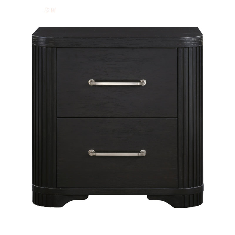 Modern Style Charcoal Nightstand With 2 Dovetail Drawers, Polished Brass Pulls, And No Assembly Required