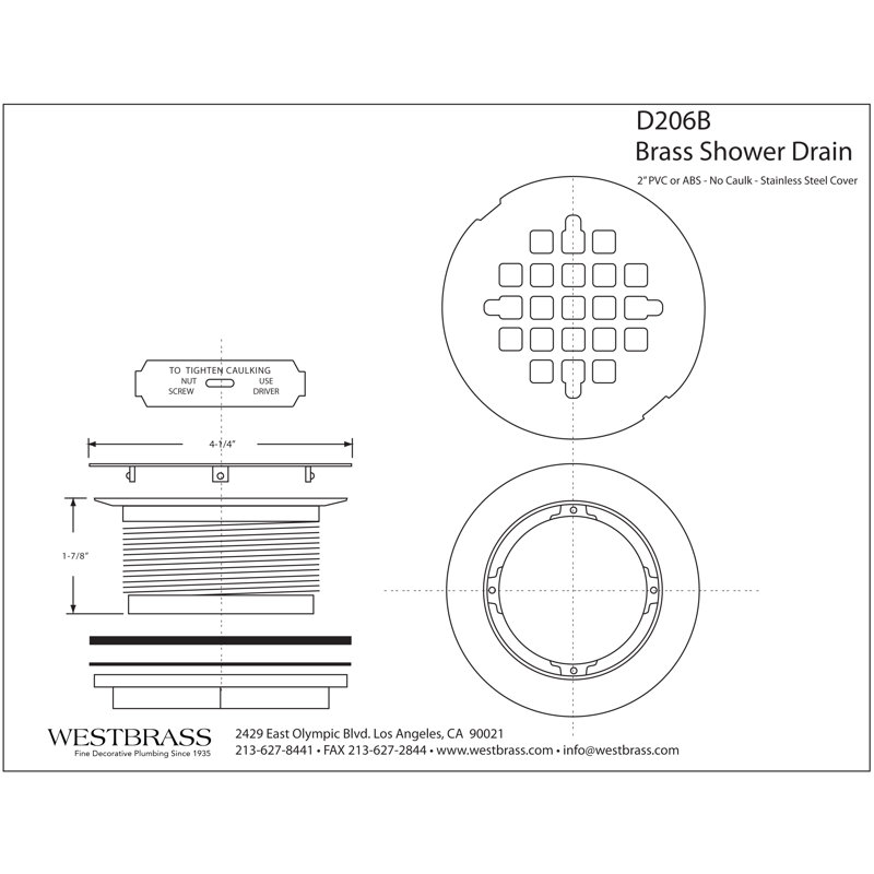 4-1/4" Square Grate Shower Drain Cover with 2" Brass Drain Pipe, Polished Nickel