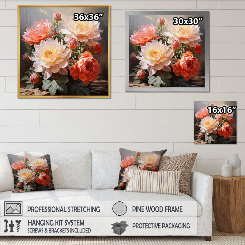 Coral Cactus Romantic Impression - Floral Canvas Wall Art, H 24 po x l 24 po x P 1 po, Cadre naturel flottant