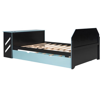 Full Size Wood Daybed with Twin Size Trundle,Desk and USB,Cloud Blue