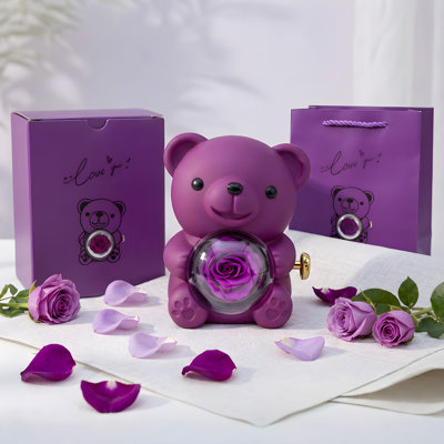 Arrangement de roses préservées en forme d'ours rotatif, décor de fleurs éternelles avec boîte-cadeau et sac, cadeau romantique de graduation d'anniversaire pour femmes
