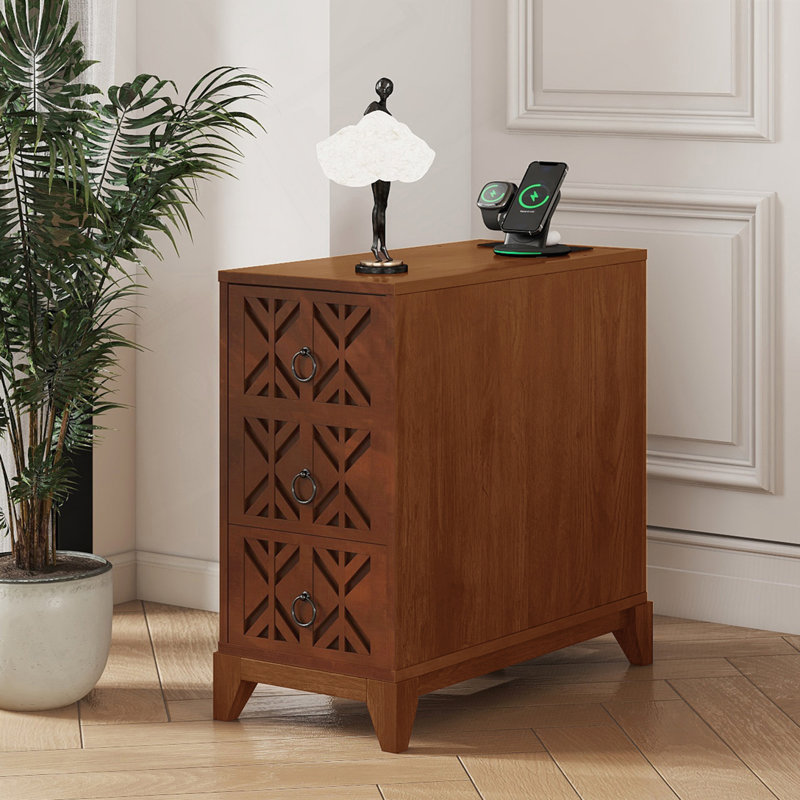 End Table with 3 Drawers, Corner Table with 4 Open Shelves, Tall Side Table for Bedroom and Corner