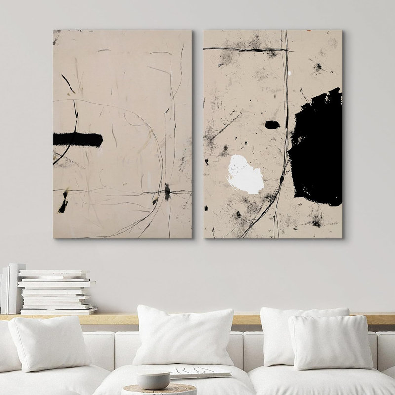 Reproduction d'art moderne minimaliste noir et brun clair Mid Mid Century, H 36 po x l 48 po, Toile tendue, Sans cadre