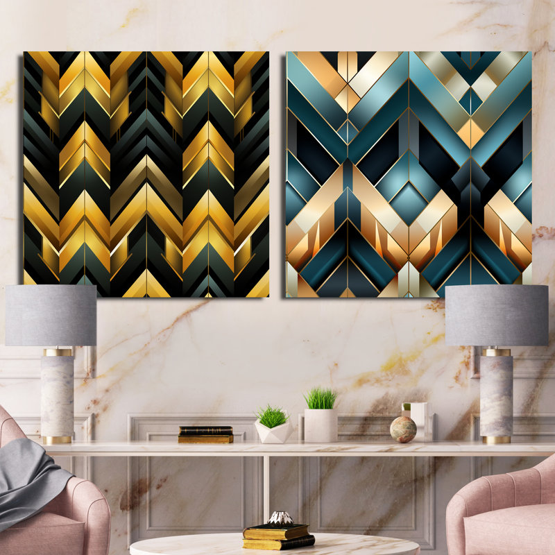 Ensemble de 2 collages carrés noirs et dorés à motif de chevrons glamour, Toile tendue, H 16 po x l 33 po