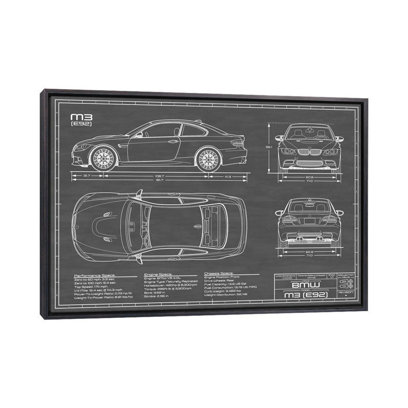 BMW M3 (l) noir-imprimé de dessin, H 40 po x l 60 po x 1,5 po, Toile avec cadre noir patiné, Pas de tapis