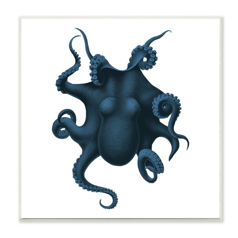 Minimal Blue Octopus Marine Life Sea Creature - impression d'art graphique, H 12 po x l 12 po x P 0,5 po, Plaque murale