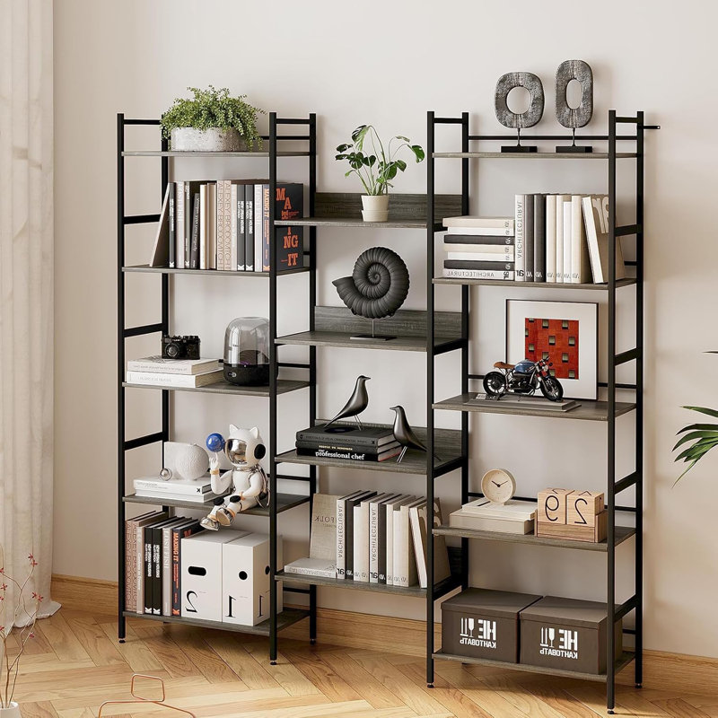 Bibliothèque à 5 niveaux, bibliothèque avec 14 tablettes ouvertes, cadre en métal, Gris