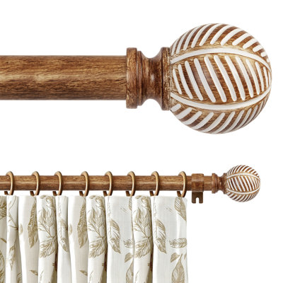 Tringles à rideaux en bois pour fenêtres, tringle à draperie robuste ajustable de 1 pouce avec imitation grain de bois et faiteaux décoratifs à motif de feuilles, style bohème
