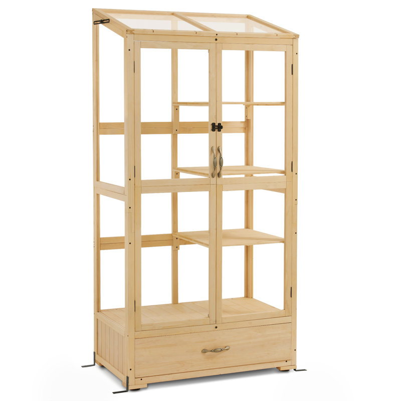 Natural Wood 3-Tier Cold Frame Greenhouse with Sliding Doors