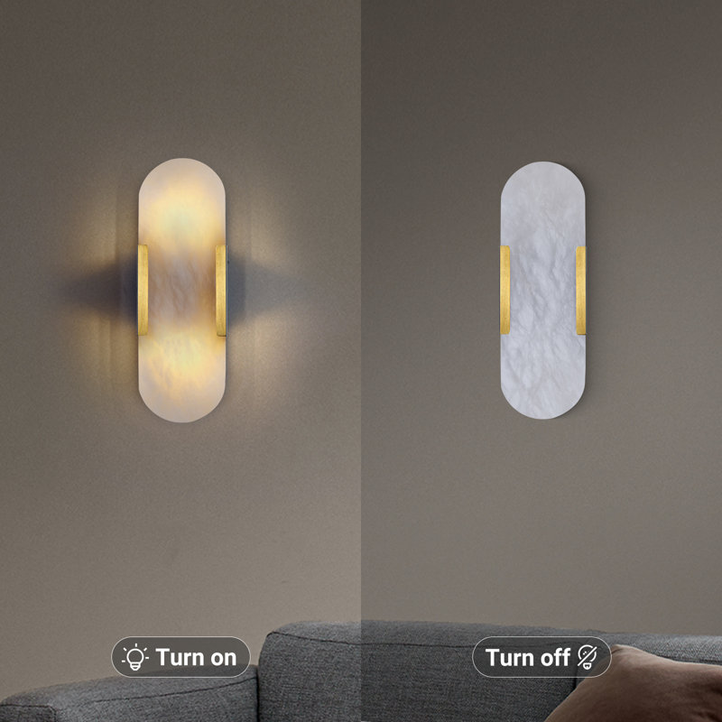 2-Light Wall Mounted Sconce with Alabaster Shade (Bulbs Included), 13.8" H x 4.6" W x 3.4" D, Gold, Yes