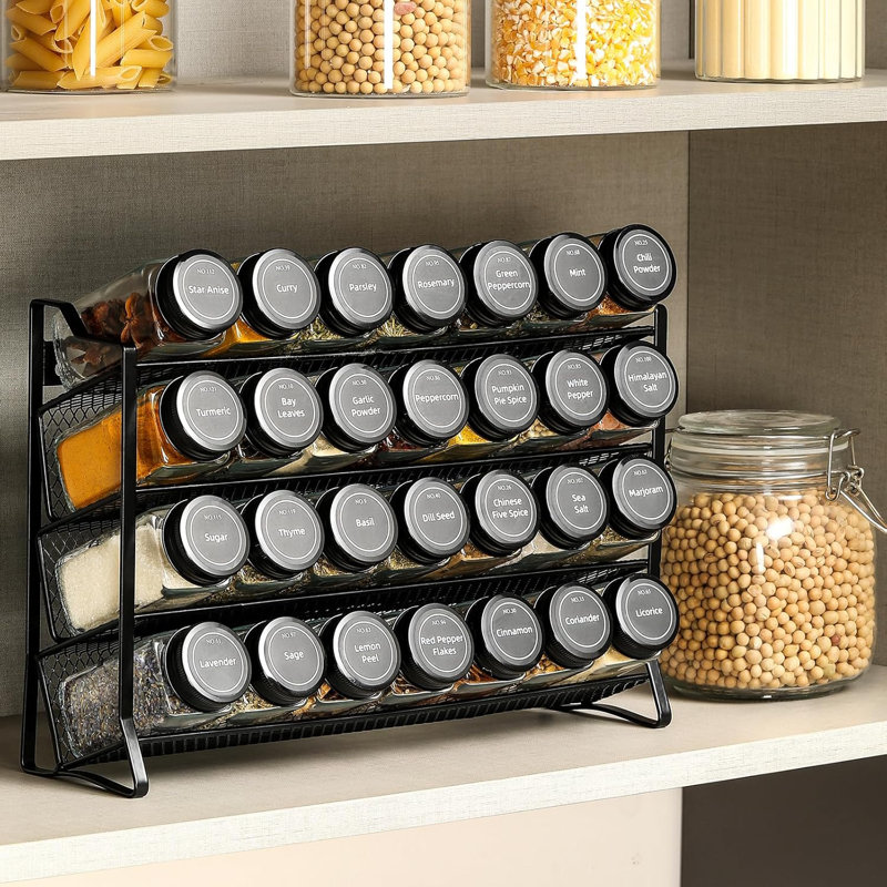 Étagère à épices pour armoire, organisateur d'épices avec 28 pots à épices vides avec couvercles noirs, entonnoir, étiquettes à épices, organisateur d'assaisonnement pour comptoir, armoire, cuisine, garde-manger, armoire