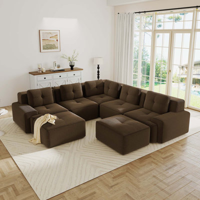 Modular 5-Seater V-Shaped Sectional Sofa With Deep Seats, Two Movable Ottomans, And Tufted Corduroy Upholstery For Ultimate Living Room Comfort.