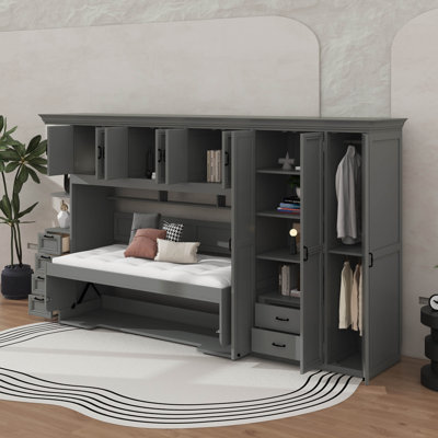 Lit escamotable simple avec armoire murale, armoire et bureau