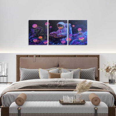Universe Galaxy Astronaut Canvas Wall Art Set Of 3,Neon Pink Purple Jellyfish Pictures Wall Decor For Bedroom Living Room Home,Colorful Sea Animal Ocean Life Poster Prints For Wall