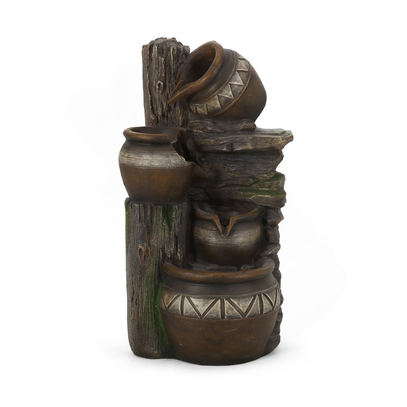 19.75" High Weather Resistant Floor Fountain With Light, 3 Tier Outdoor Fountain, Brown + Gray